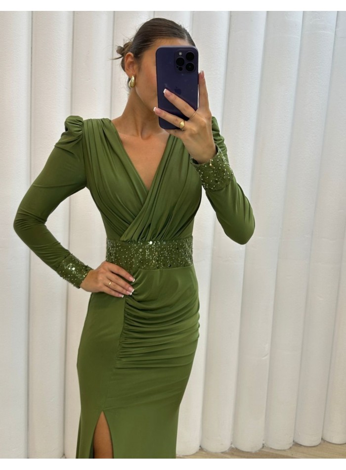Long party dress with draped neckline and sequins