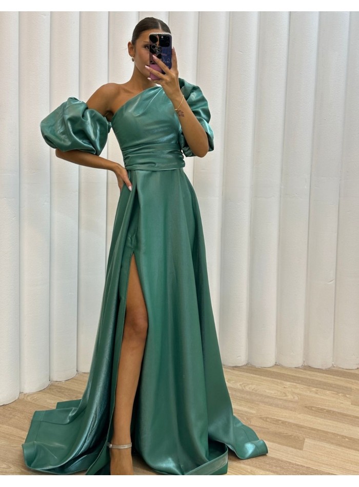 Long satin party dress with balloon sleeves