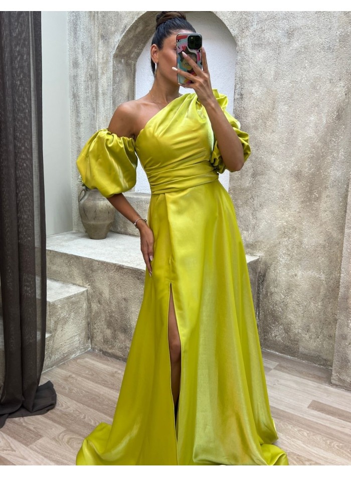 Long satin party dress with balloon sleeves