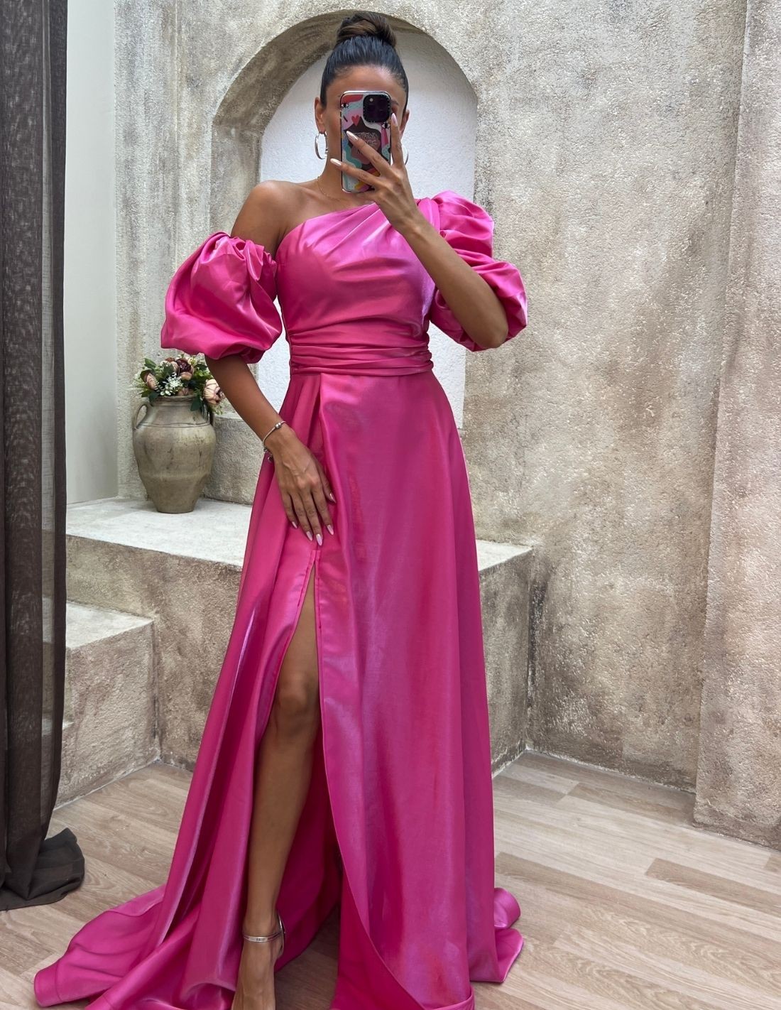 long satin party dress with balloon sleeves