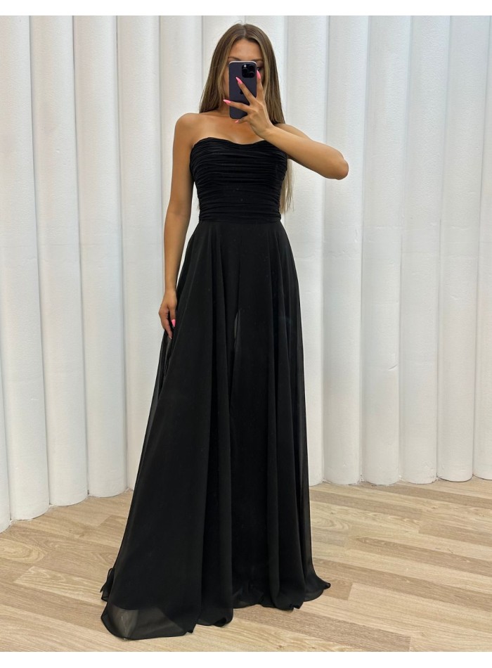 Long party jumpsuit with draped body and over skirt