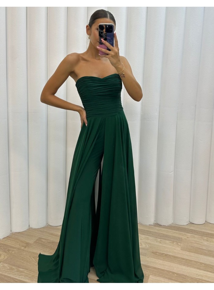Long party jumpsuit with draped body and over skirt