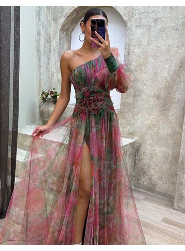 Vestido de fiesta asimétrico multicolor con detalle flor