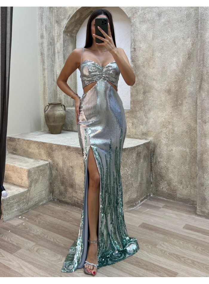 Robe longue de fête bicolore pailletée avec découpe