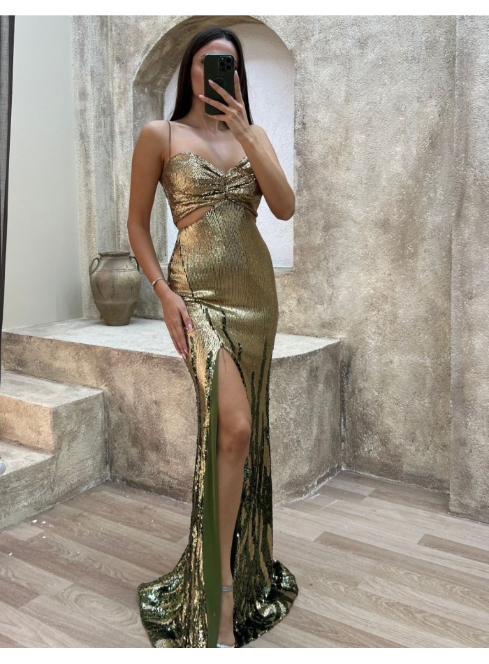 Robe longue de fête bicolore pailletée avec découpe