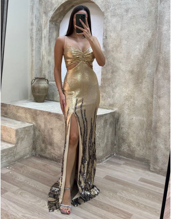 Bicolor sequins long party dress with cut out