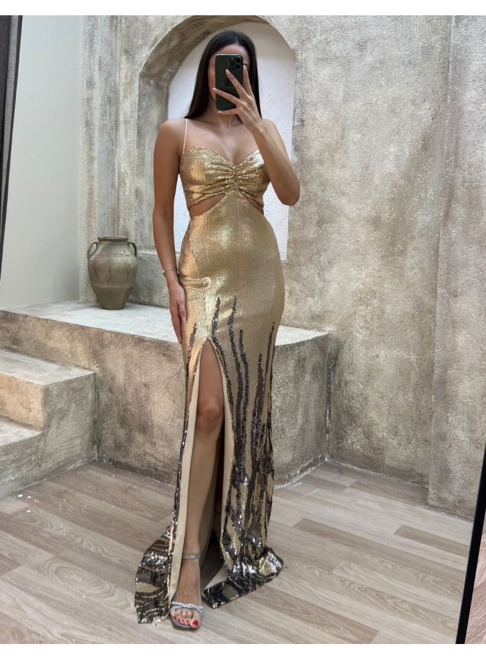 Robe longue de fête bicolore pailletée avec découpe