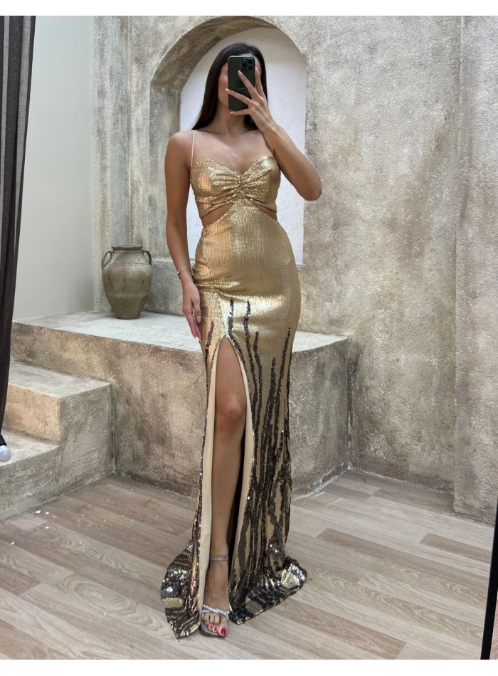 Bicolor sequins long party dress with cut out