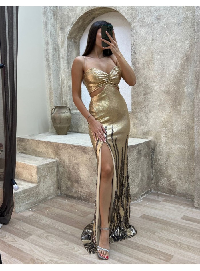 Bicolor sequins long party dress with cut out
