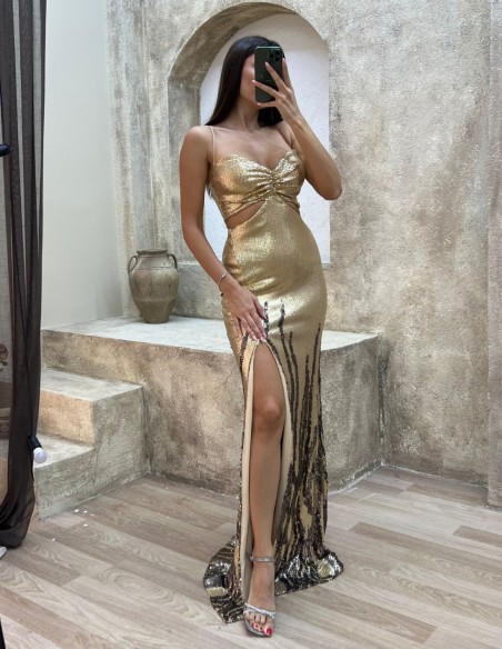 Vestido largo de fiesta de lentejuelas bicolor con cut out