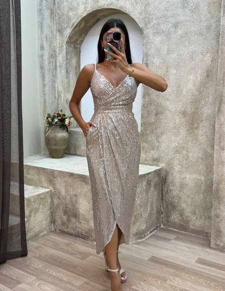 Midi party dress with straps and sequins gold
