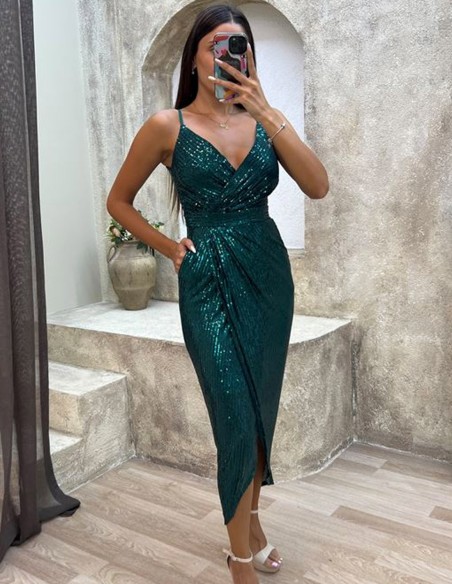 Midi party dress with straps and sequins green
