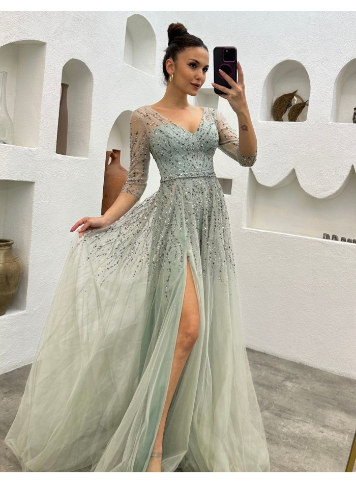 Robe longue de fête avec corset et broderie de strass