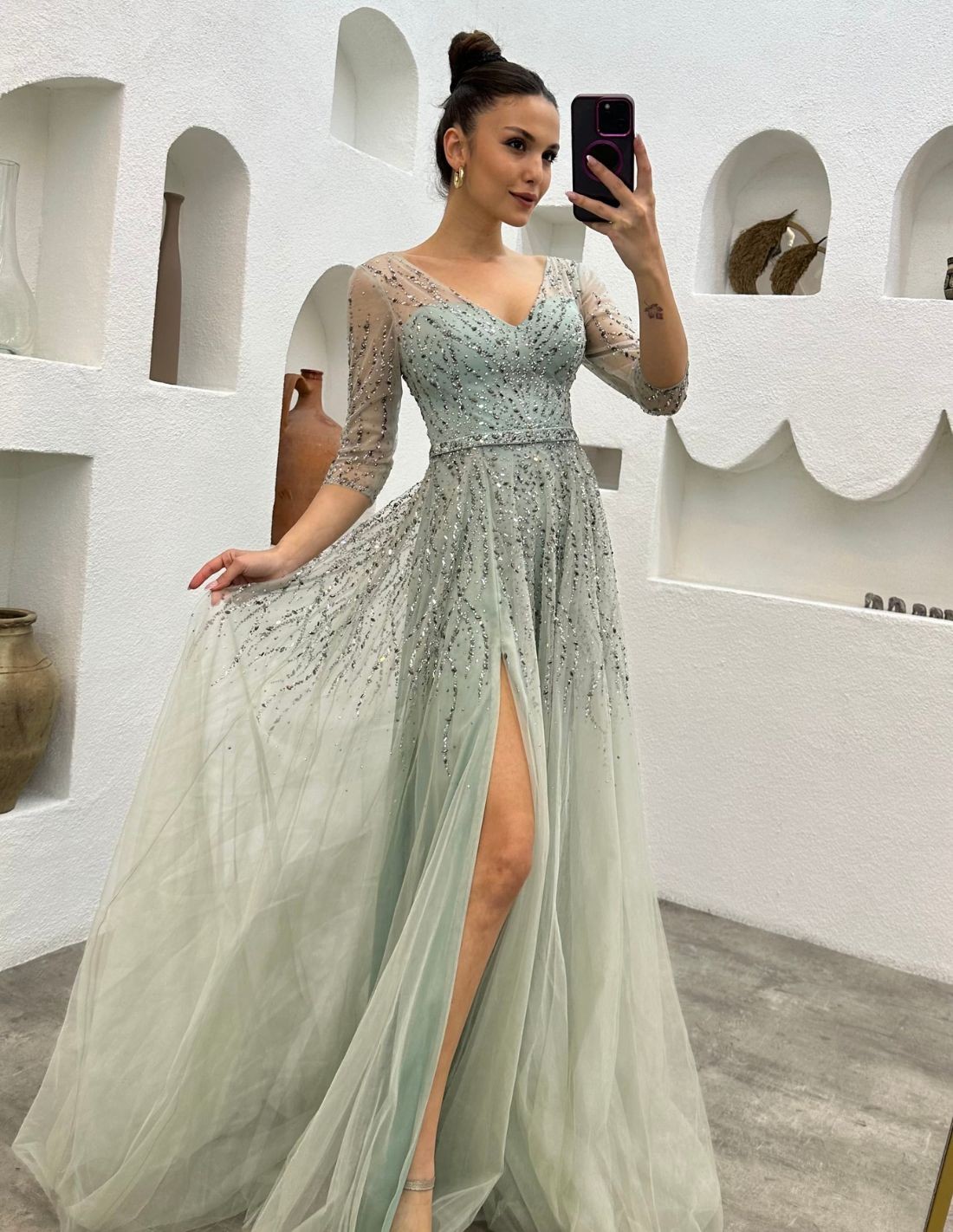 Long Embroidered Sheer-Corset Prom Ball Gown
