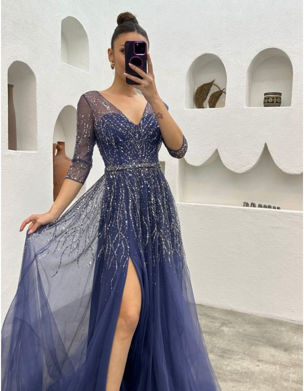 Long party dress with corset and embroidered rhinestones