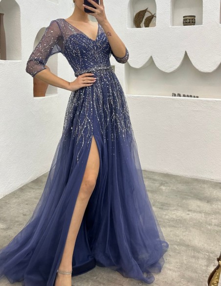 Vestido largo de fiesta con corsé y bordado de pedrería