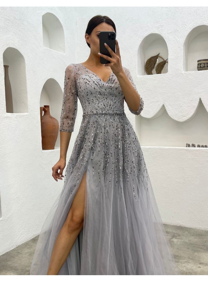 Robe longue de fête avec corset et broderie de strass