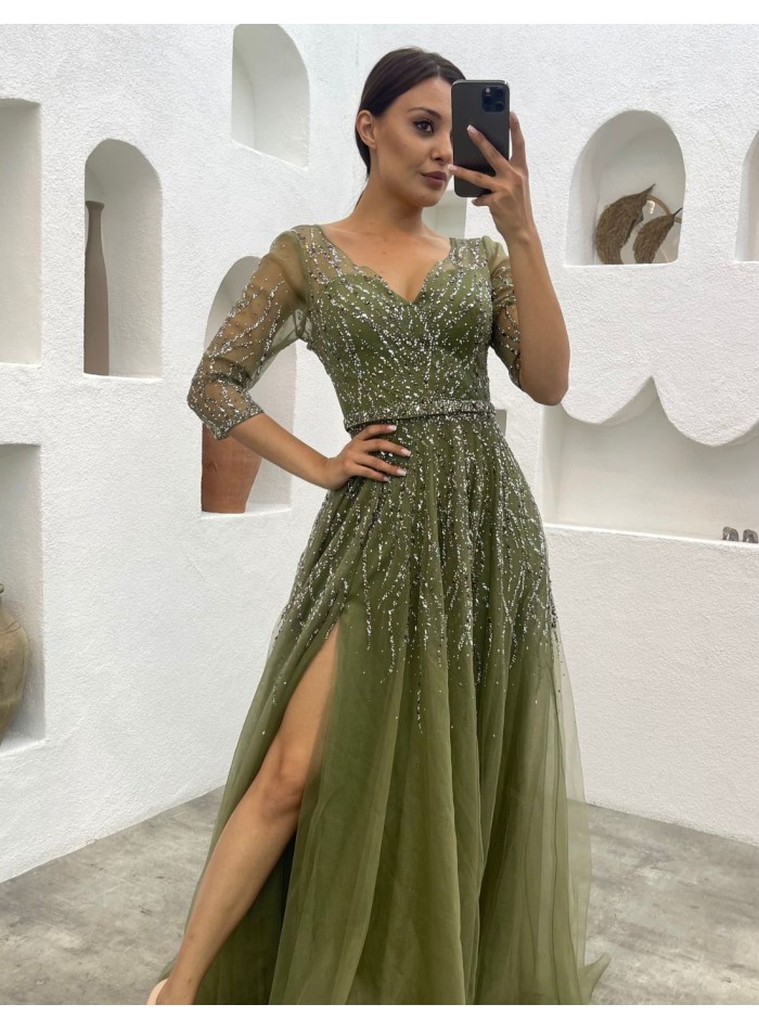 Robe longue de fête avec corset et broderie de strass