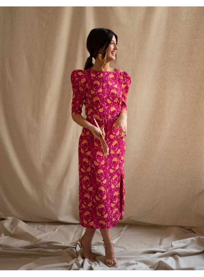 Fuchsia floral print midi dress with French sleeves
