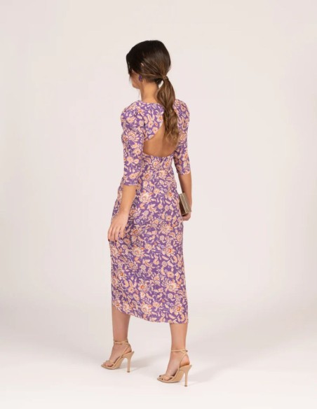 Lilac floral print midi dress with ruffled sleeves