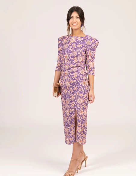 Lilac floral print midi dress with ruffled sleeves