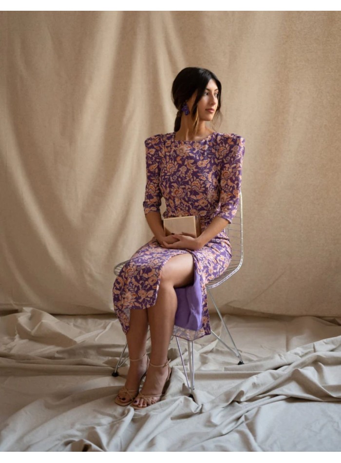 Lilac floral print midi dress with ruffled sleeves