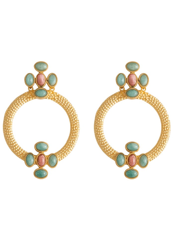 Golden earrings with green and pink stones