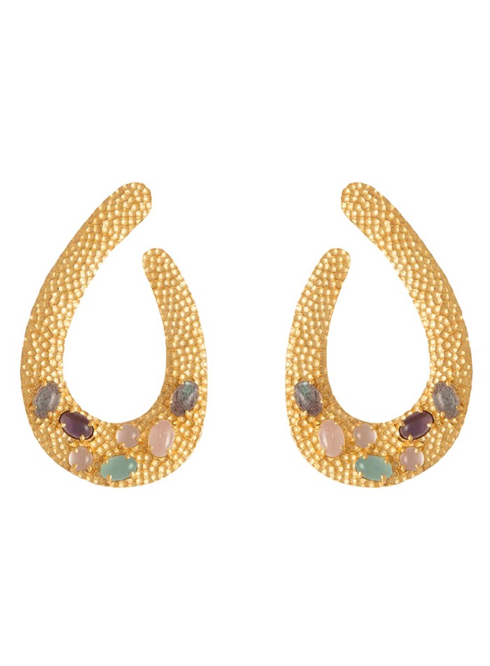 Golden teardrop party earrings with natural stones