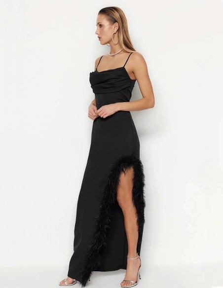 Black evening dress with feathered slit Black evening dress with feathered slit