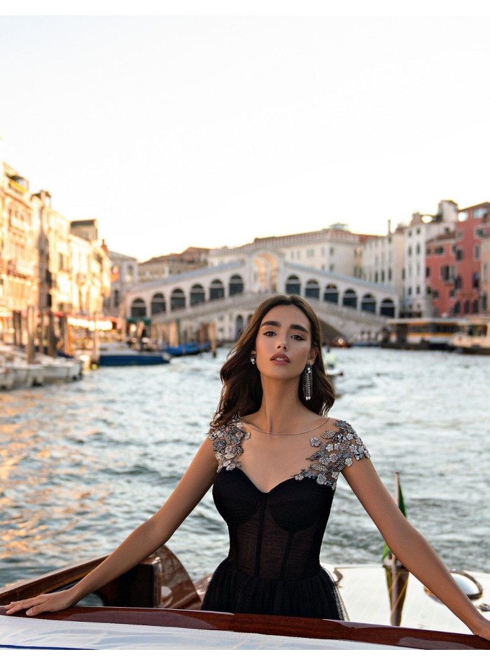 Black midi party dress with tulle skirt