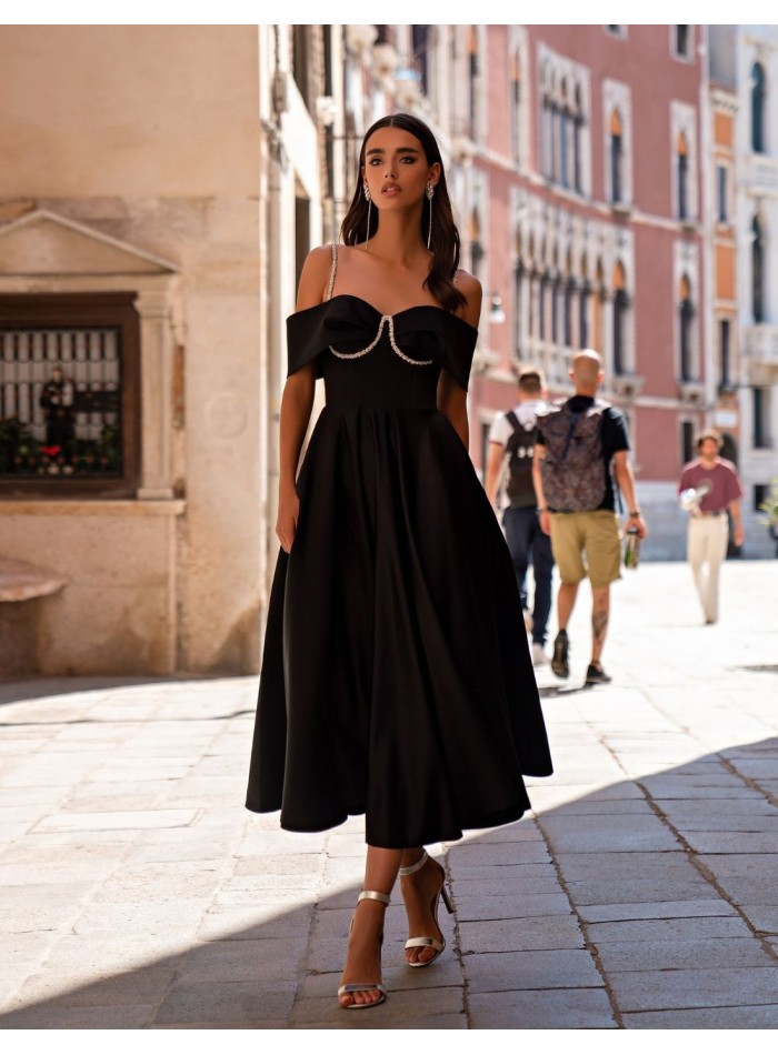 Robe de soirée midi avec bretelles et encolure bardot