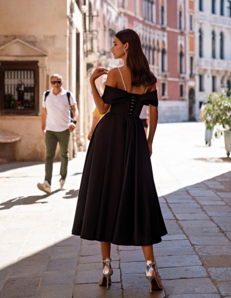 Midi party dress with straps and bardot neckline