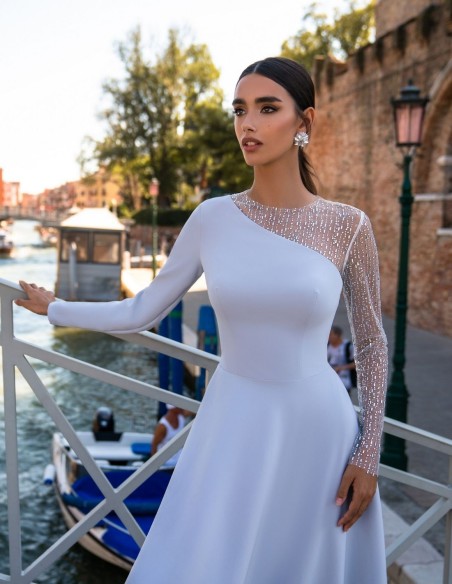 Pearl grey long party dress with fancy sleeves