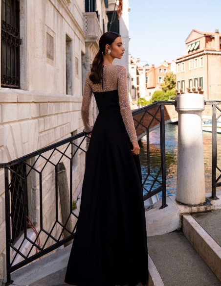 Long party dress with rhinestone sleeves