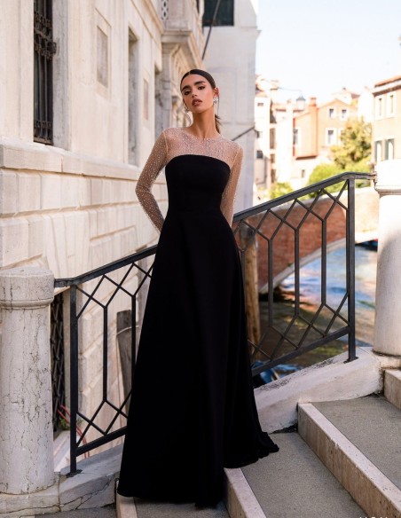 Long party dress with rhinestone sleeves