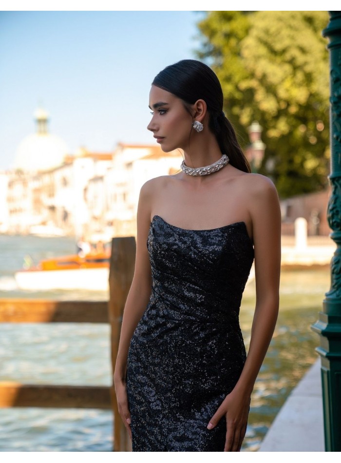 vestido de fiesta de lentejuelas negro y dorado