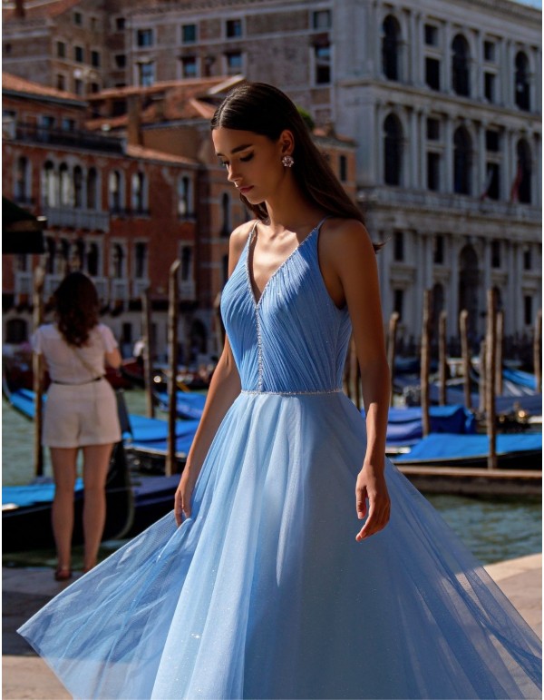 Robe midi avec tulle brillant et corsage plissé