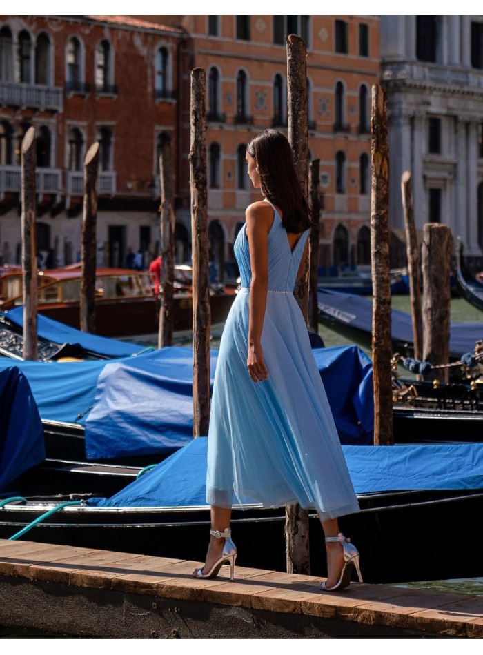 Midi dress with shiny tulle and pleated bodice