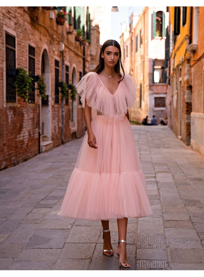 Robe de soirée midi avec volants en tulle