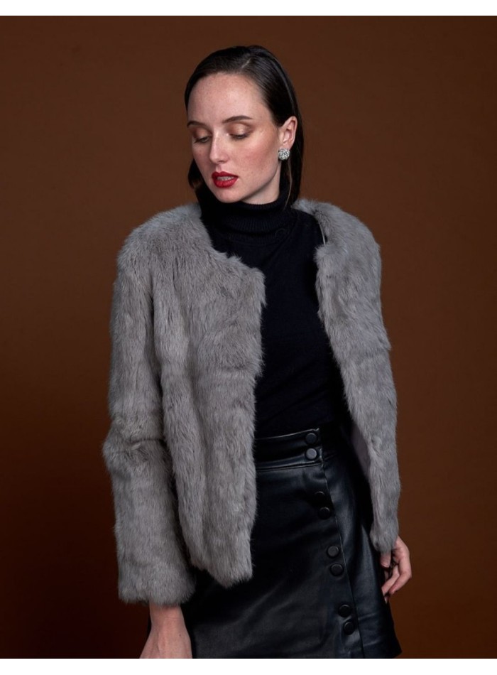Veste en fourrure de lapin à col rond