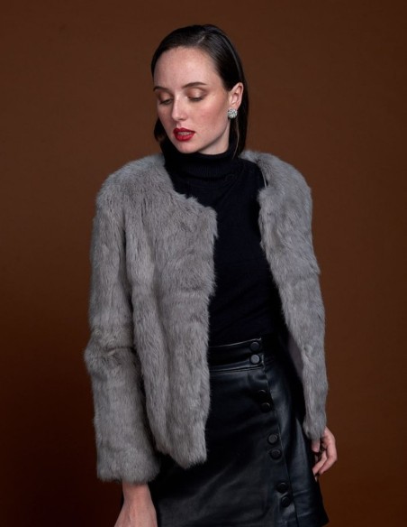 Veste en fourrure de lapin à col rond