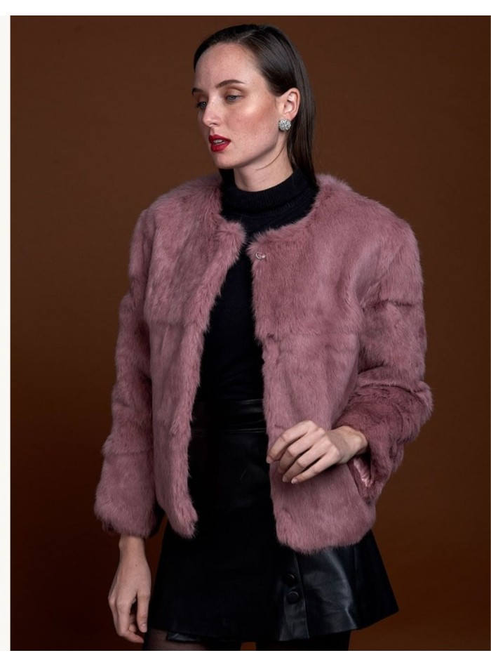 Rabbit fur jacket with round collar