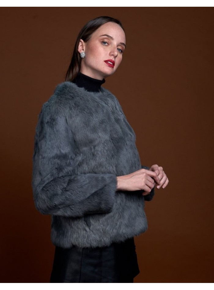 Rabbit fur jacket with round collar