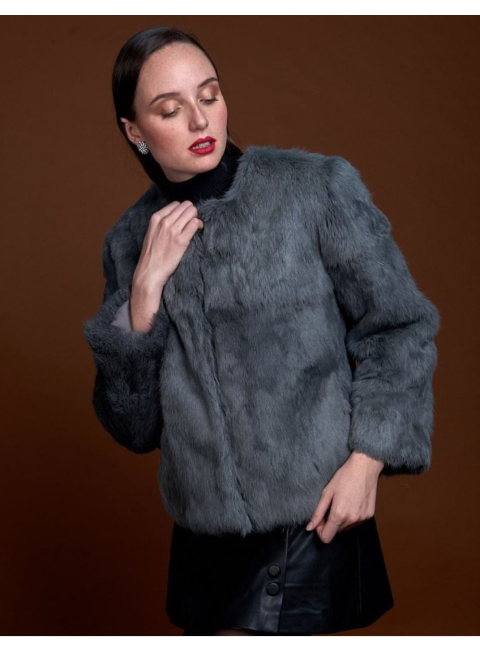 Veste en fourrure de lapin à col rond