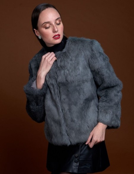 Rabbit fur jacket with round collar