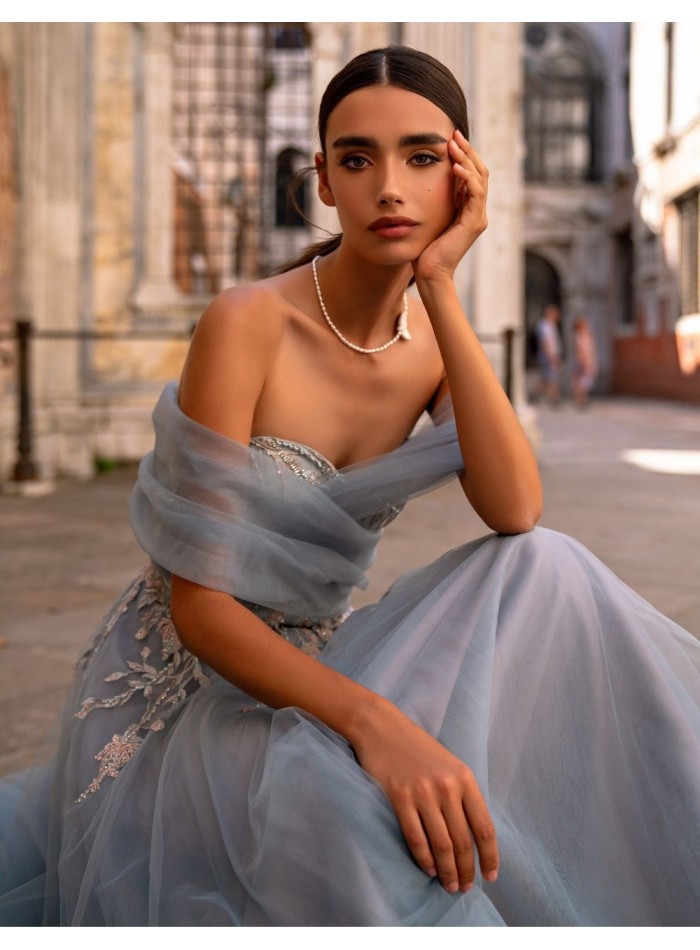 Robe longue de fête avec encolure cache-coeur brodée et tulle