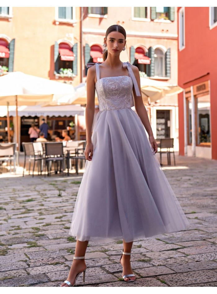 Midi party dress with bow straps and tulle skirt