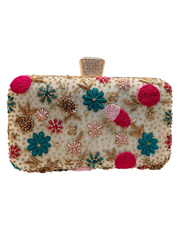 Beige clutch bag with hand-embroidered rhinestones