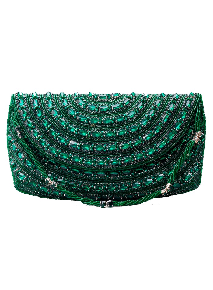 Emerald green evening clutch bag made of rhinestones