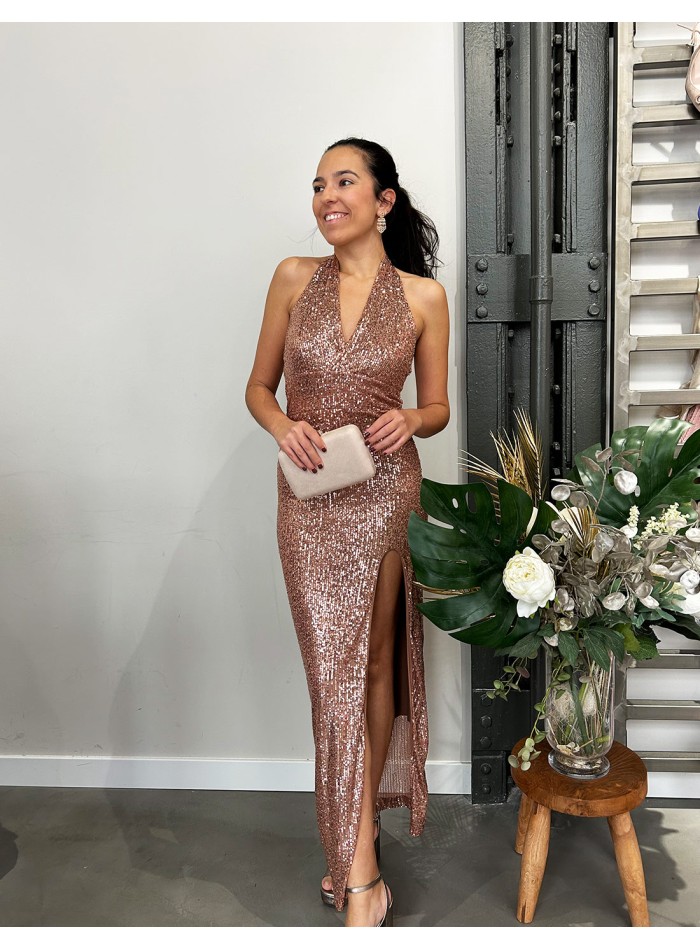 Midi party dress with sequins and side slit